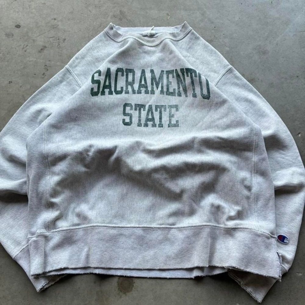 Y2K Sacramento State Distressed Green Reverse Weave Crewneck Vintage